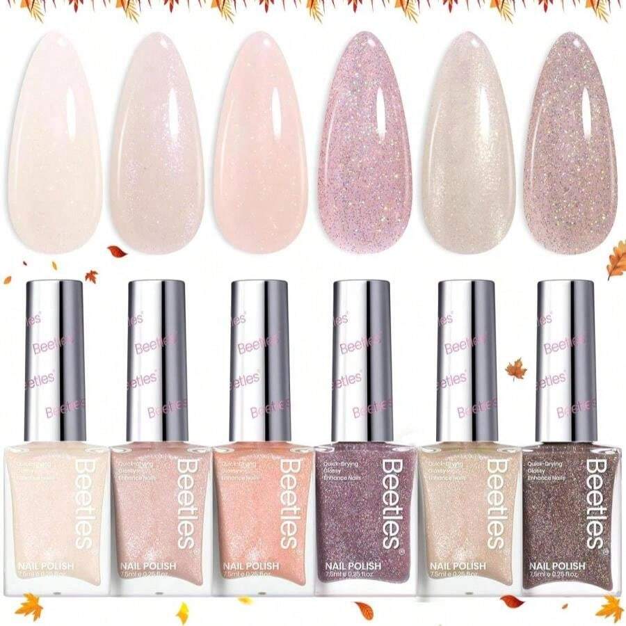 Beetles Nail Polish Set, 6 Colors Nude Nail Polish Kit Shimmer Nude Jelly Pink Champagne Mist Quick Dry Fingernail Polish Gifts For Women Salon DIY Manicure Kit - 米色 - 查看 1