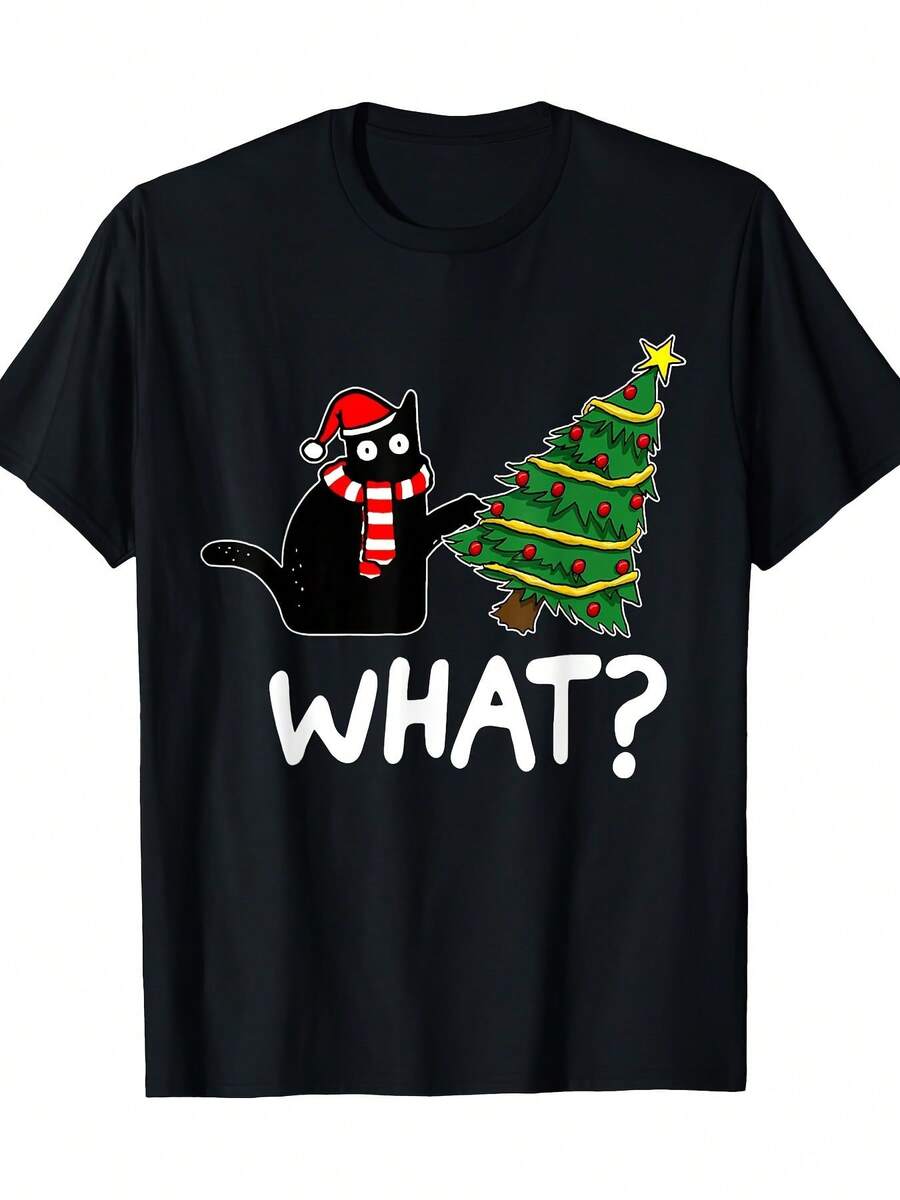 Men'S Funny Christmas T-Shirt - Soft Breathable Tee With Black Cat & Christmas Tree Graphic - Everyday & Holiday Party Shirt - Machine Washable Round Neck Top For - Black - View 1