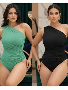 kit 2 Body Feminino drapeado um Ombro Só Suplex - Preto e Verde Menta - Visão 2