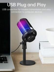 Micrófono condensador con luz RGB deslumbrante con cable USB, con malla antiexplosión apta para grabación de computadora, juegos y transmisiones en vivo - Type C - Ver 5