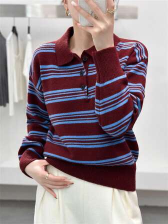 Autumn/Winter New Striped Retro Collar Pullover Knit Sweater, Korean Style Casual Versatile Women