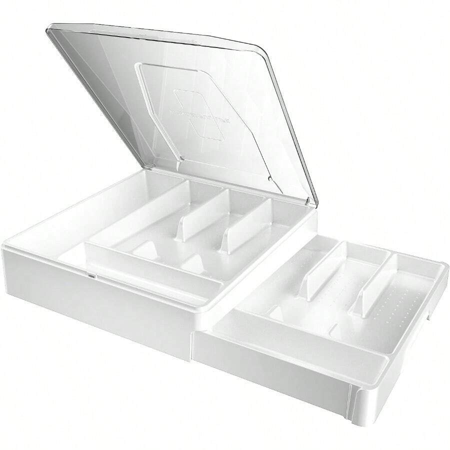 WSXC Double Layer Silverware Tray With Lid Drawer Organizer For Utensil Tray Cutlery Storage Holder With Cover White - 白色 - 查看 1