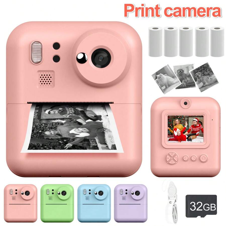 Cámara instantánea para niños, cámara digital para niños de 1080p HD con doble lente para selfies, con 3 rollos de papel y tarjeta de 32GB, regalos de Navidad, cumpleaños y Año Nuevo para niños y niñas de 6 a 12+ años - Rosa - Ver 1