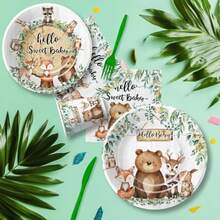 DWoodland Baby Shower Decorations Tableware Forest Creatures Animal Theme Woodland Baby Shower Party Plies Paper Plate Cup Napkin Tablecloth Disposable Cutlery Straws Serves 24 - xanh trắng - Xem 5