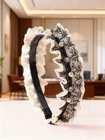 1pc Girl's New Pleated Lace Headband, Wide Rhinestone Pearl Fashion Hair Accessory