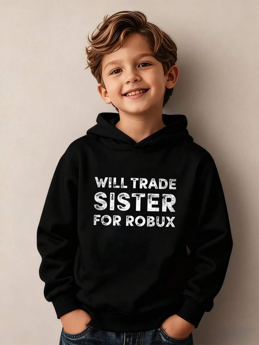 WILL TRADE SISTER FOR ROBUX Children's Casual Long Sleeve Hoodie Hooded Hoodie Suitable For Autumn And Winter Festivals, Mom's Love Sports Top Fashion Printed Children's Clothing Hoodie European And American Style Popular Elements American Children's Youth Student Party Special Clothing 5-14 Year Old Children's Boys And Girls Suitable For 110-160 Cm Height Hoodie The Best Gift For Children - 黑色 - 查看 1