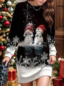 Plus Size Women Christmas Snowflake & Snowman Print Long Sleeve Dress, Autumn/Winter - Black - View 1