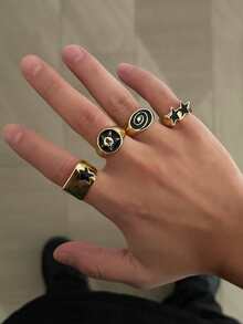 Bộ 4 chiếc nhẫn hình ngôi sao xoắn ốc phong cách Punk, nhẫn thời trang đường phố Hip Hop Gothic, nhẫn kim loại độc đáo, phụ kiện trang sức thường ngày cho nam - Phong cách ngôi sao - Xem 3