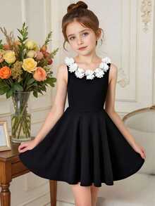 Vihyde 1pc Girls 3D Floral Collar Sleeveless Waist Cinched Dress - Black - View 1