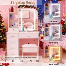 Large Dressing Table 5 Drawers Make Up Desk Set With LED Mirror Vanity Table - White - View 7
