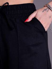 Calça Pantalona Moletinho Feminina Com Bolso Elegante Casual Confortável - Preto - Visão 6