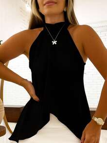 Women's Blouse With High Neck And Asymmetrical Neck Tie - 黑色 - 查看 1