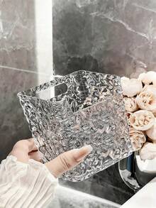 1pc Glacier Pattern Plastic Storage Box, Wall-Mounted Bathroom Storage Box, Transparent Glacier Texture Wall-Mounted Storage Box With Pink Bow Design, Bathroom Organizer Basket, Durable Small Bathroom Storage Rack, Suitable For Storing Toothpaste, Toothbrush And Cosmetics - View 5