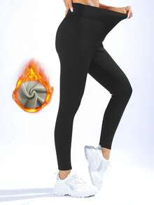 女士保暖打底裤 冬季保暖高腰瑜伽裤 冬季加厚天鹅绒弹力保暖打底裤 弹力高腰紧身黑色打底裤 - 黑色 - 查看 4