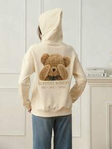 1件少女休闲印花套头卫衣，保暖内衬，长袖，秋冬季学生服装 - 杏色 - 查看 2