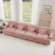 Elegante sofá grande de 4 lugares em estilo de meados do século com chenille com Trichter-Armlehnen, abnehmbarer Rüschenschürze & spindelförmigen Beinen – Confortável Wohnzimmer-Sofa,weiß - Rosa - Ver 7
