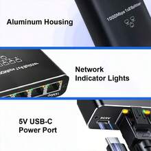 Gigabit Ethernet Switch 1-To-4 With USB-C Power, 1000Mbps RJ45 LAN, 1 Uplink 4 LAN Ports, Simultaneous Connection, Plug And Play, Compatible With Router PC Laptop Smart TV Gaming Console, Ideal For Home And Office - Black - View 6