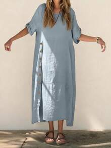 女士时尚宽松休闲舒适透气纽扣开叉设计短袖长款连衣裙 - 藍色 - 查看 1