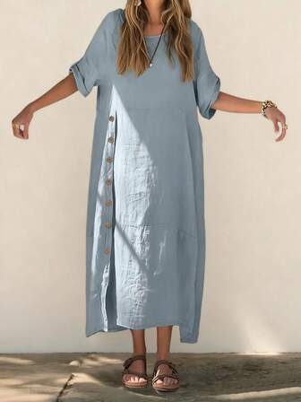 女士时尚宽松休闲舒适透气纽扣开叉设计短袖长款连衣裙