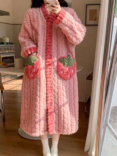 女性用サンゴフリースローブ - Vネック ボタン前開き ポケット付き、快適な冬用ルームウェア、バレンタインのギフトに最適、洗濯機洗い可能なラウンジウェア(パンツ別売)、フローラルデコレーション、柔らかい素材、ホリデーショッピングにも最適