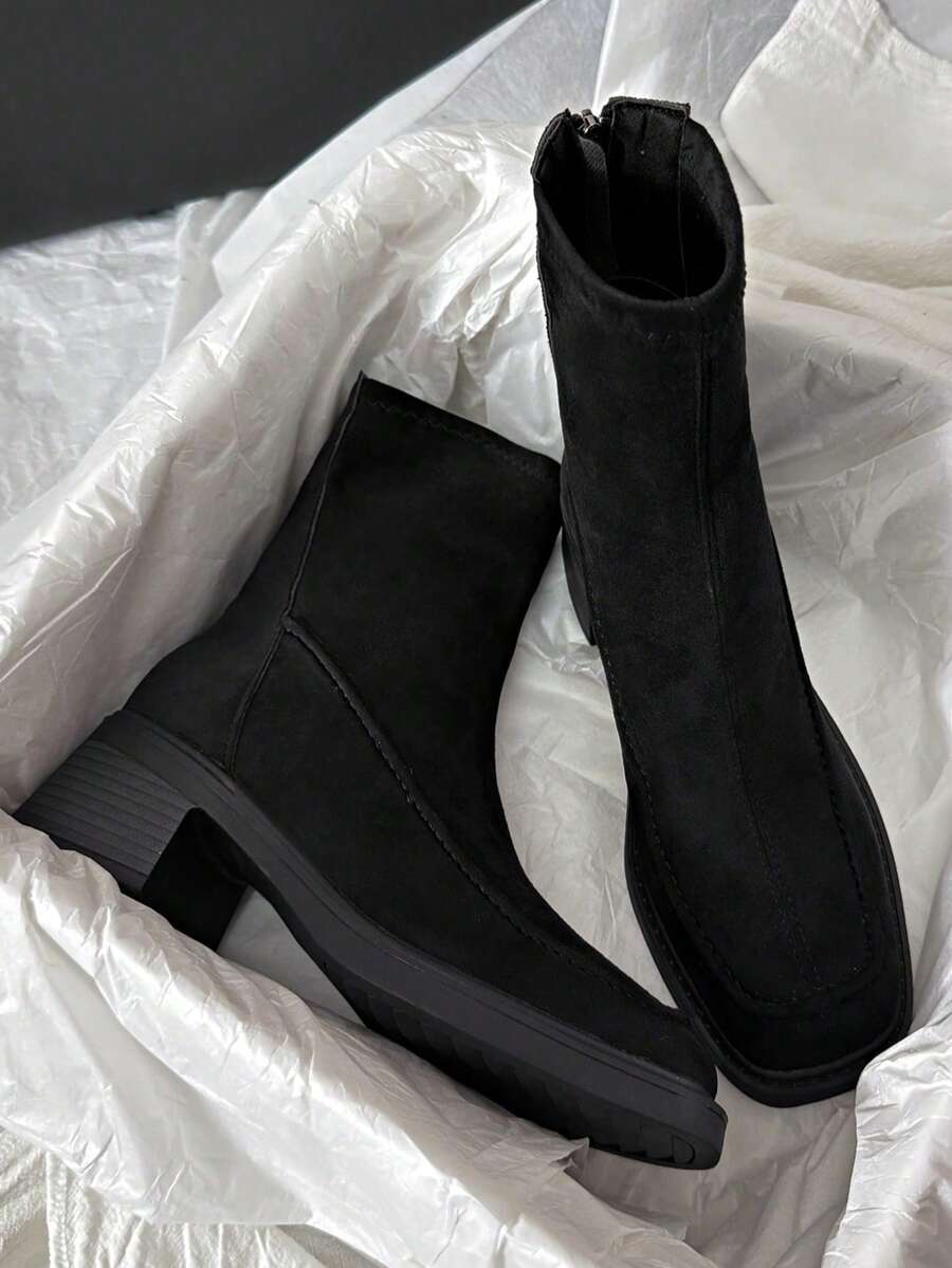 复古平底切尔西踝靴，低跟，百搭，后拉链，春秋季款 - 黑色 - 查看 1