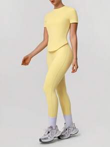 Sodalemon Women Sport Sets Solid Color T-Shirt No Front Seam Classic Design Yoga Leggings Outdoor Run Training Fitness Set - Yellow - View 6