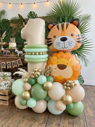 39pcs/Set Jungle Animal Theme Birthday Party Decorations Balloons, 40-Inch Cream Color Number 0-9 Foil Balloons, Tiger & Lion Animal Head Balloons, 10-Inch Pea Green/Macaron Green/Skin Color Balloons, Suitable For Jungle Theme, Animal Theme, 1st Birthday, Baby Shower Decorations