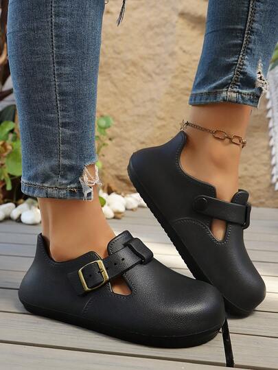 Women's Solid Color Versatile Slip-On Sandals, Breathable Soft Sole Adjustable Strap, Suitable For Beach, Bathroom, Street, Travel, Daily Wear, Casual , Hollow Clogs, Slippers, Sandals, Suitable For All Seasons, Spring/Summer, Flat