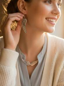 复古天使翅膀羽毛吊坠项链，大号吊坠，优雅链条，个性化项链，女士围兜式项链，结婚礼物 - 7 - 查看 4