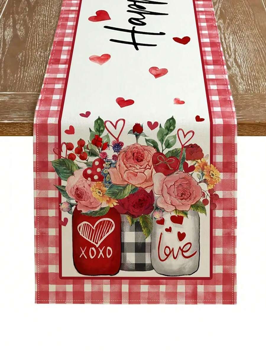 1 pièce Chemin de table, Chemin de table de la Saint-Valentin, Chemin de table imprimé de cœurs rouges à carreaux de buffle et de roses pour la Saint-Valentin, Anniversaire, Banquet de mariage, Décoration de table romantique, Décoration de table à manger