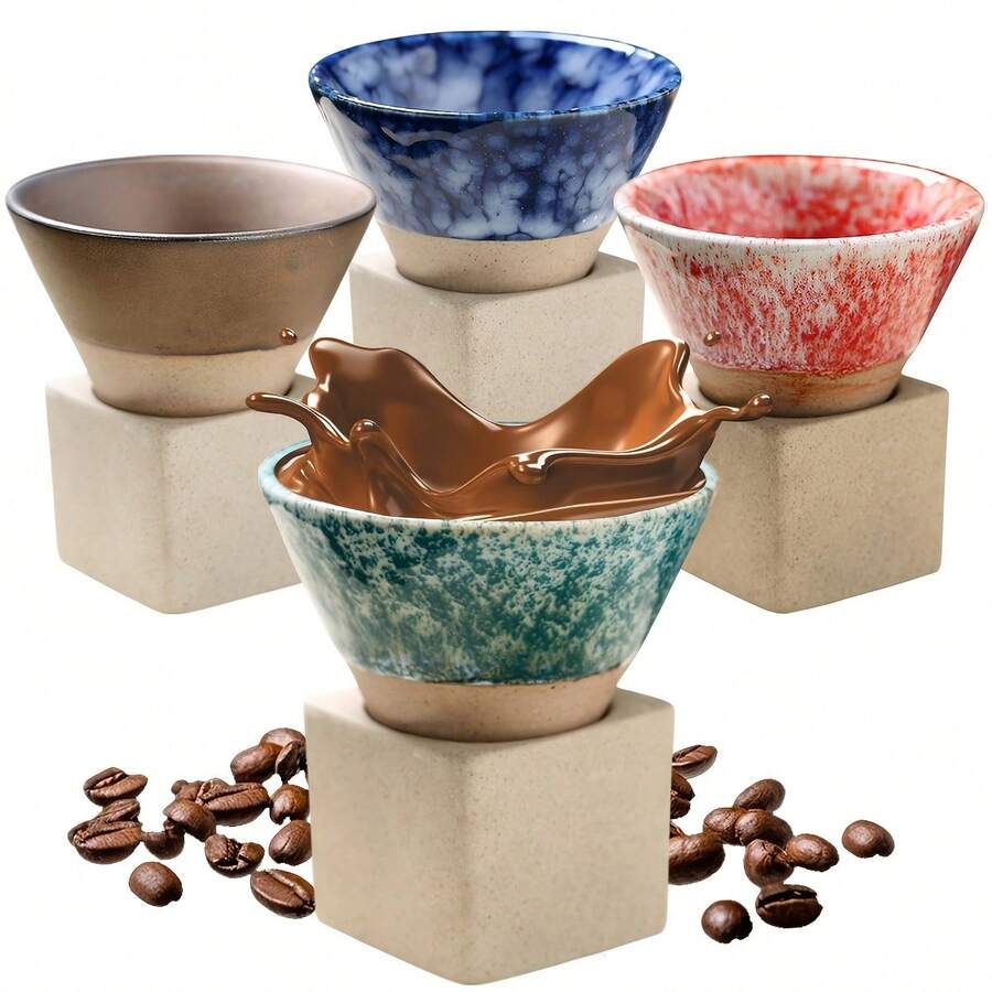 4Pcs Ceramic Coffee Mugs With Base, 100ml/3oz Triangular Cone Shape Porcelain-Cup Tea-Cup, Handcrafted Pottery Tea Cup Set, Stoneware Funnel Coffee Cup Set, Latte Pull Flower Porcelain-Cup For Coffee, Tea, Latte And Milkshake,Christmas Gift - Multicolor - View 1