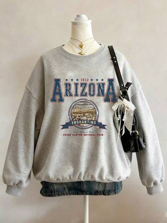 Teen Girl's Street Fashion Arizona-Themed Pattern Printing Oversized Loose Long-Sleeved Round-Neck Sweatshirt, Suitable For Daily Wear, Party, School