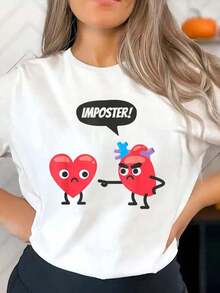 Women's Summer New Simple Print Casual Funny Medical Imposter Heart T-Shirt Round Neck White Short-Sleeved T-Shirt Fashionable Daily Tops Suitable For Daily Vacation Wear Graphic TeesLeisure - 白色 - 查看 1