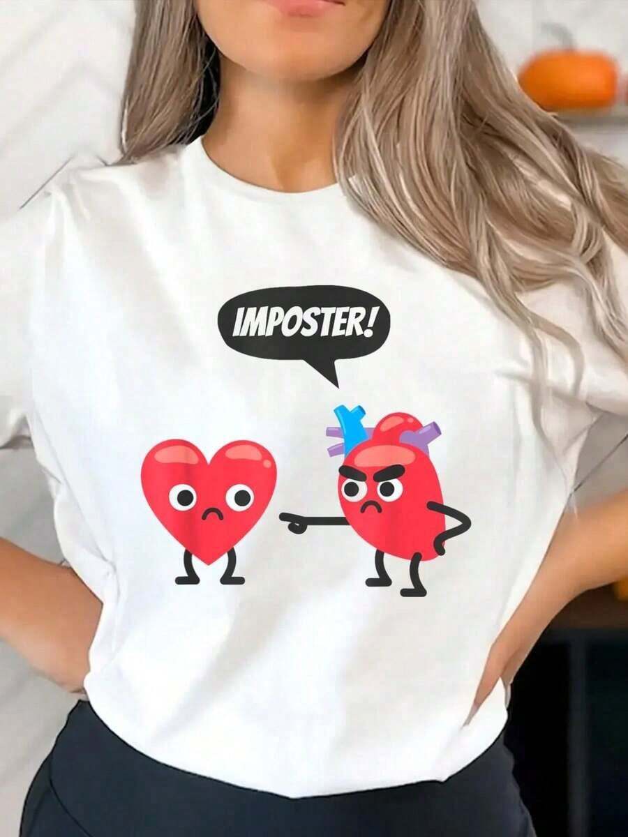 Women's Summer New Simple Print Casual Funny Medical Imposter Heart T-Shirt Round Neck White Short-Sleeved T-Shirt Fashionable Daily Tops Suitable For Daily Vacation Wear Graphic TeesLeisure - 白色 - 查看 1