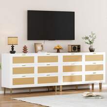 Rattan 6 Drawer Dresser For Bedroom, Modern Chest Of Drawers With Gold Legs And Gold Handles, Wide Double Dresser With Large Tabletop And Anti-Tipping Design For Bedroom Living Room - trắng - Xem 7