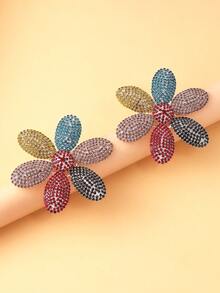 2pcs Colorblock Floral Earrings, Elegant Rhinestone Earrings For Women - Silver - View 2