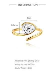 Adjustable S925 Sterling Silver Open Ring, Branch & Leaf Design, Stackable, Inlaid With Cut Gemstone/Cubic Zirconia, Suitable For Stacking Promise Rings - Gold - View 7