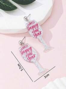 1 Pair Sparkling "Happy New Year" Wine Glass Inspired Fashion Jewelry Earrings, Perfect Gift For Holiday Parties - Hot Pink - View 9