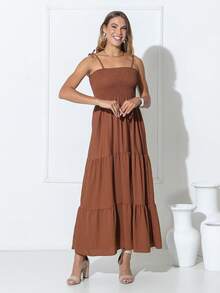 Knot Gathered Hem With Ruffle, Butterfly Knot, Tweed Knot Gathered Hem With Ruffle, Beach. - 巧克力棕 - 查看 2