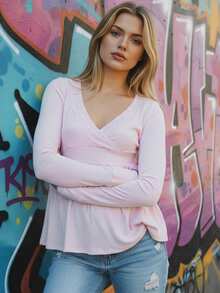 Women's Fall Peplum Tops Fashionable Casual Solid Color Long Sleeve V Neck Ruffle Hem Shirts - 粉色 - 查看 4