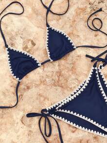 Women's Ruffled Trim Bikini Set, Featuring Adjustable Triangle Cups And Tie Design, Suitable For Beach Vacation And Retro Style Summer - Navy - View 6