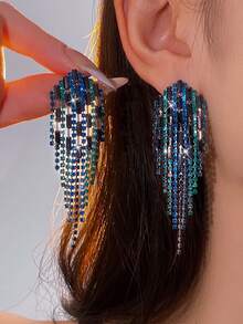 1 Cặp khuyên tai tua rua đính đá thời trang, đính đá nhiều màu, khuyên tai kẹp dài màu xanh lam-xanh lá cây thanh lịch, thích hợp cho đám cưới, tiệc tùng, tụ họp - kẹp - Xem 3