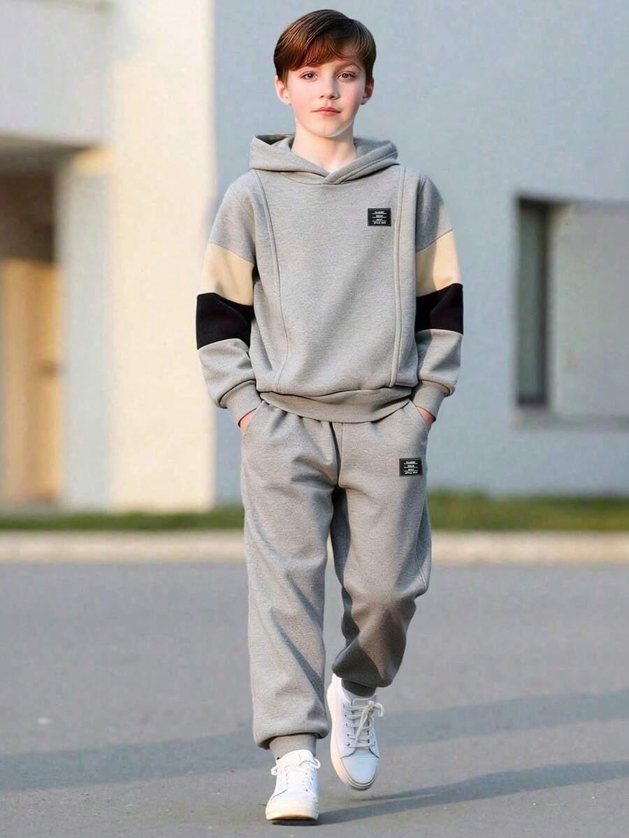 幼儿/青少年男童秋冬季保暖长袖卫衣和宽松休闲运动裤两件套,灰绿色连帽拼接袖,韩版运动服套装 - 灰色 - 查看 1