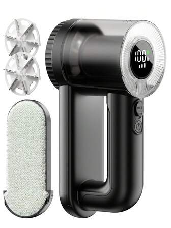 一套可充电式织物除毛器，衣物除毛器，带1500mAh电池、6个刀头、3档速度调节和LED显示屏，轻松去除衣物、毛衣、家具上的毛絮，黑白两色可选
