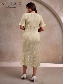 A&A 大码优雅针织镂空收腰美人鱼连衣裙，秋季连衣裙，返校季连衣裙，适合身材丰满的女性，适合老派富贵人士，也可作为婚礼宾客礼服。 - 杏色 - 查看 5