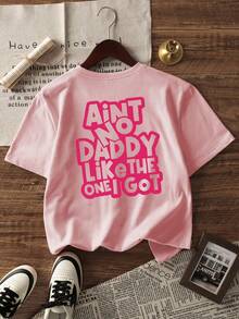 Summer Casual Printed Crew Neck Short Sleeve T-Shirt, Suitable For Girls And Children - Minimalist Fashion English Letter Artistic Style T-Shirt, Inspiring Imagination And Self-Expression! Children's Wear, Girls Graphic Tee, Summer Top, Teen Clothing - Pink - View 4