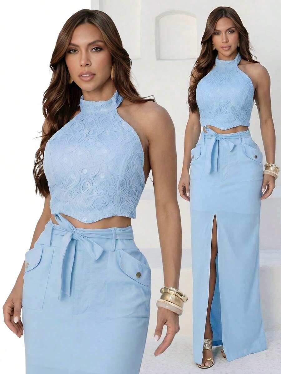 TETE FASHION Women's Set: Cropped Lace Top And Tailored Skirt With Elegant Belt 9779 - 淺藍色 - 查看 1