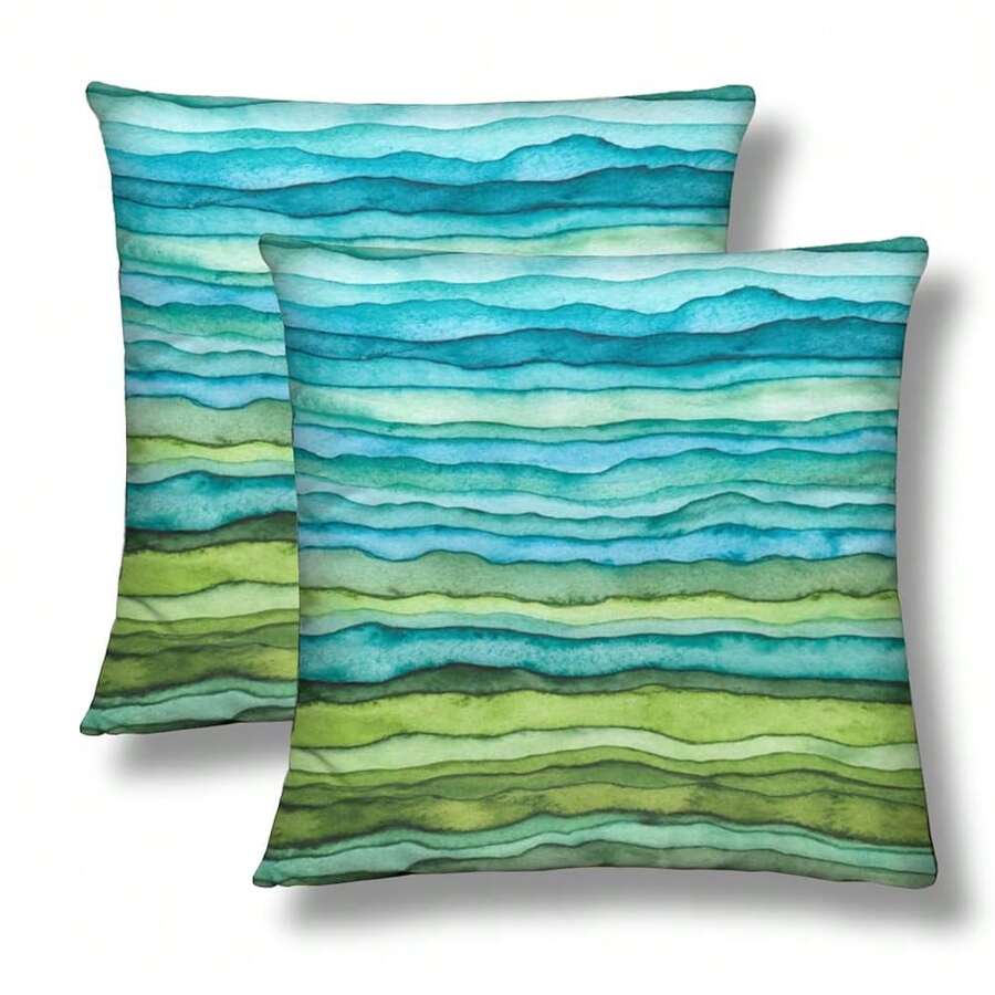 Watercolor Aqua Waves Throw Pillow Covers 18x18 Set Of 2 Teal Blue Green Short Pl 11ush Pillows Case Abstract Striped Square Cushion Cover Decorative Pillowcases For Couch Bed,18inchx18inch(Packof2),BlueGreen - 藍綠色 - 查看 1