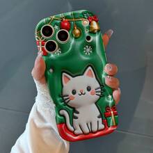 Una caja súper resistente al desgaste con un lindo gato blanco rodeado de decoraciones navideñas con un fondo verde, TPU y vidrio templado, compatible con los modelos de  17, 16, 15, 14, 13, 12, 11 y más. - Mezcla de color 1 - Ver 2