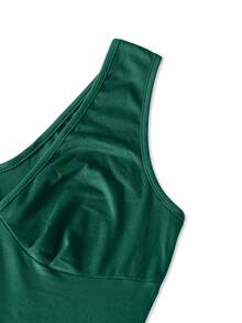 Đầm dự tiệc cổ chữ V màu trơn thanh lịch cho nữ, viền bất đối xứng - Màu xanh lá cây đậm - Xem 4